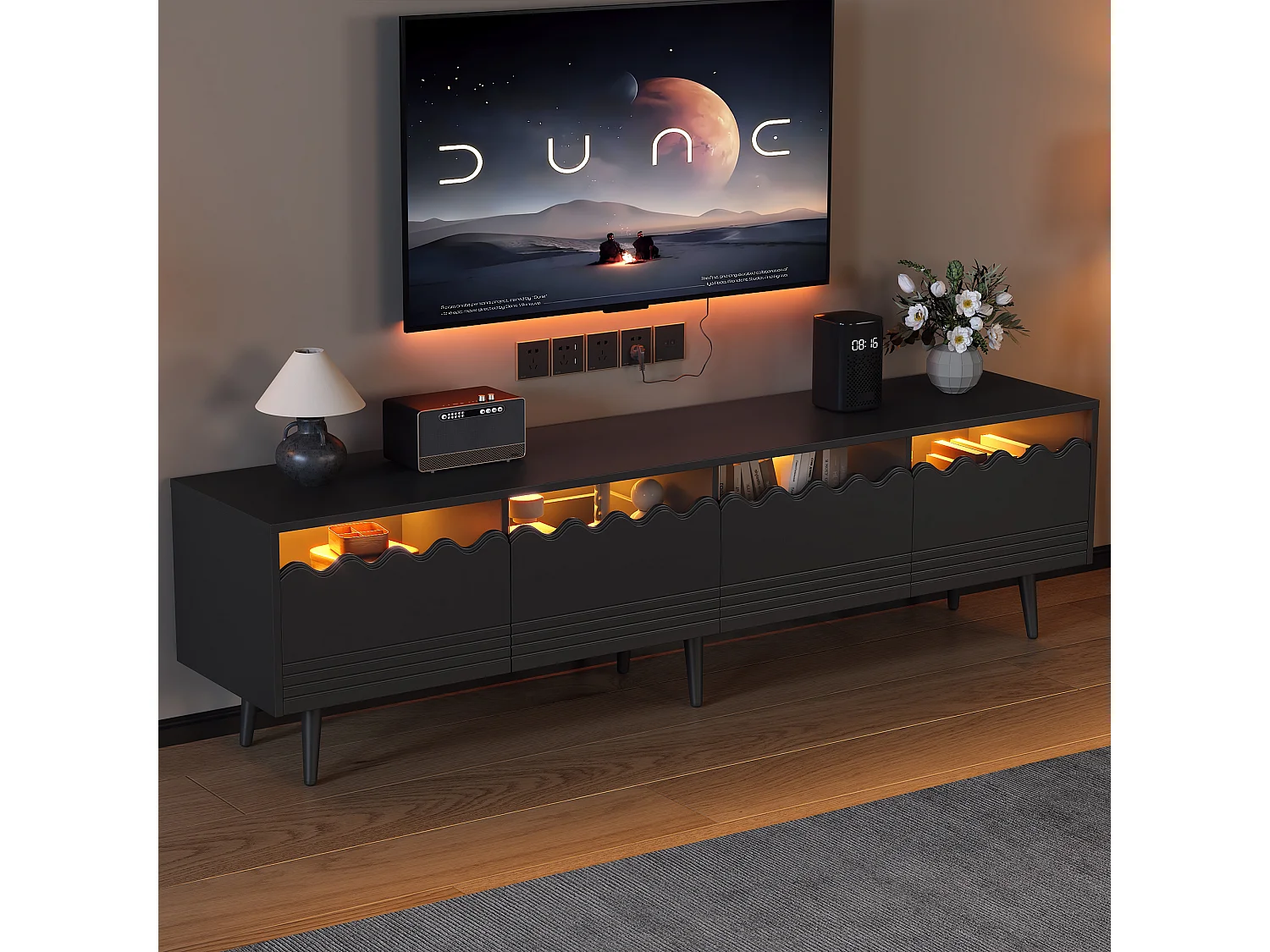 Meuble TV noir à 6 pieds - Meuble TV avec 2 tiroirs et 2 portes - pour salon