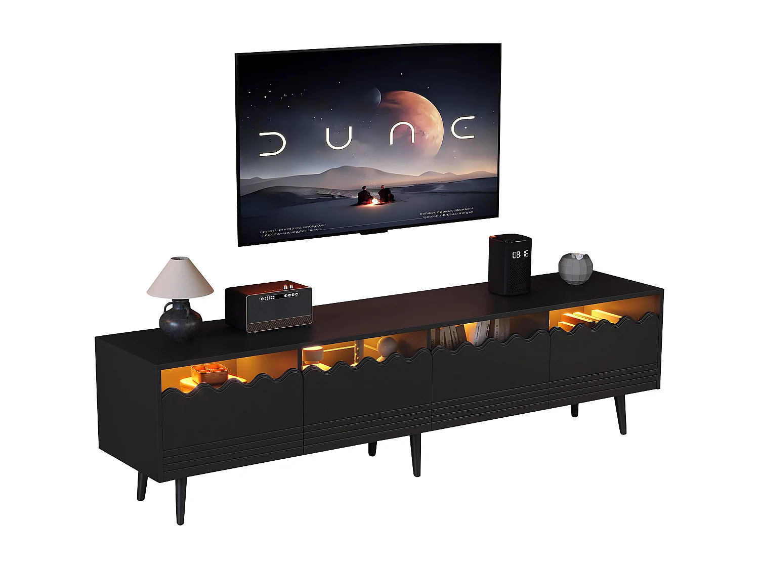 Meuble TV noir à 6 pieds - Meuble TV avec 2 tiroirs et 2 portes - pour salon