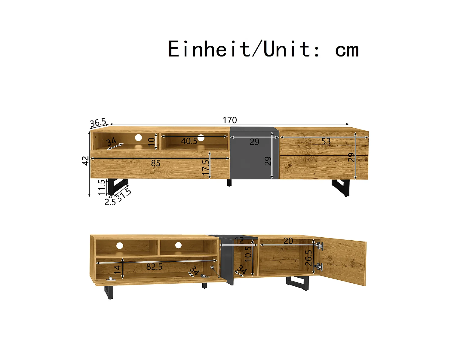 Meuble TV bois - Meuble TV trois portes avec pieds métalliques en U - rangement ouvert - pour salon