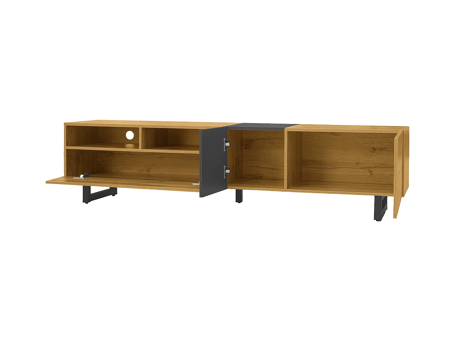 Meuble TV bois - Meuble TV trois portes avec pieds métalliques en U - rangement ouvert - pour salon