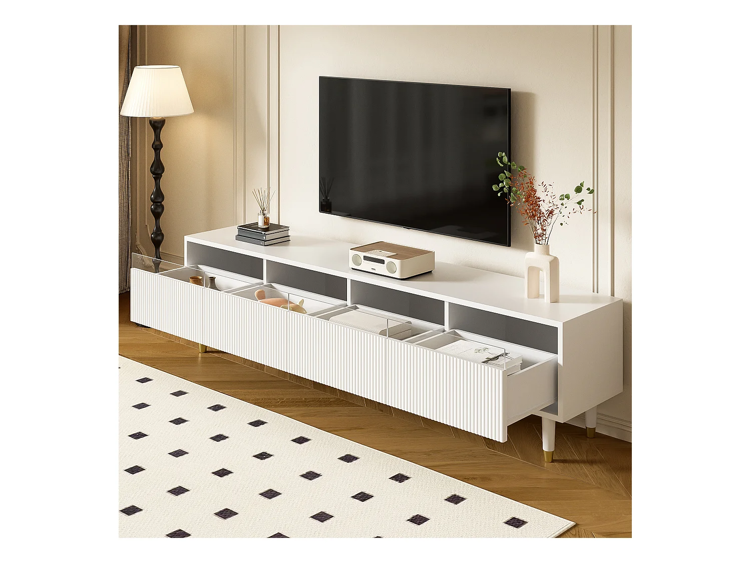 Meuble TV avec 4 tiroirs - Meuble TV avec éclairage LED et 5 pieds en bois - blanc - pour le salon