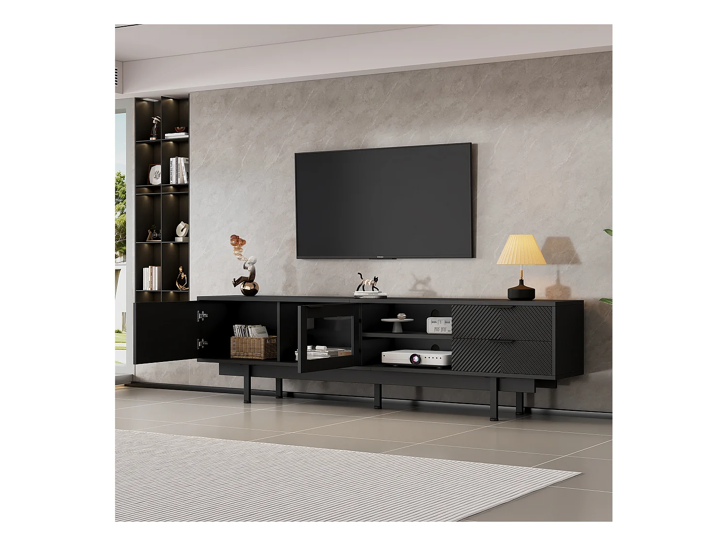 Meuble TV noir - Meuble TV avec 2 portes et 2 tiroirs - rangement ouvert - pour salon