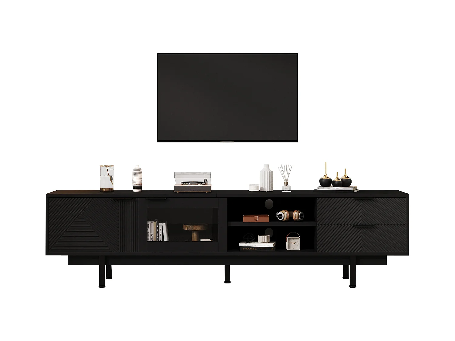 Meuble TV noir - Meuble TV avec 2 portes et 2 tiroirs - rangement ouvert - pour salon