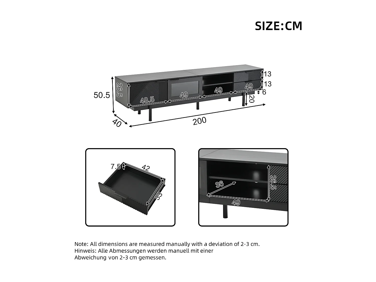 Zwarte tv-kast - tv-kast met 2 deuren en 2 lades - open opbergruimte - voor woonkamer