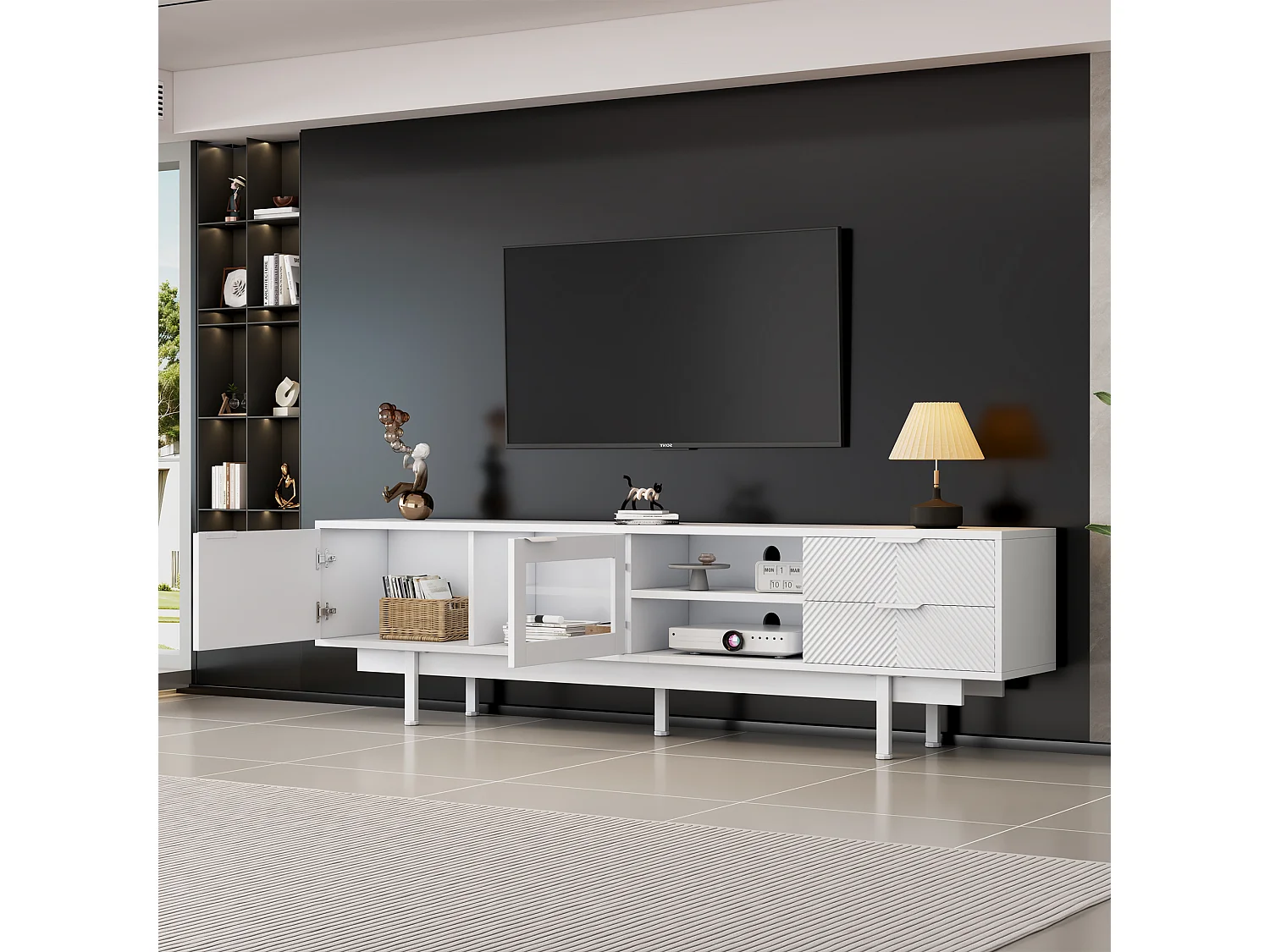 Weißer TV-Schrank – Fernsehschrank mit 2 Türen und 2 Schubladen – offene Aufbewahrung – für das Wohnzimmer