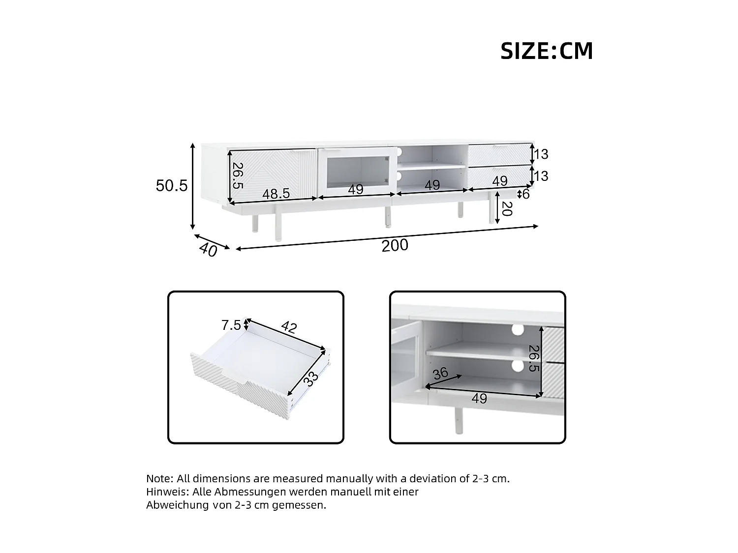 Weißer TV-Schrank – Fernsehschrank mit 2 Türen und 2 Schubladen – offene Aufbewahrung – für das Wohnzimmer