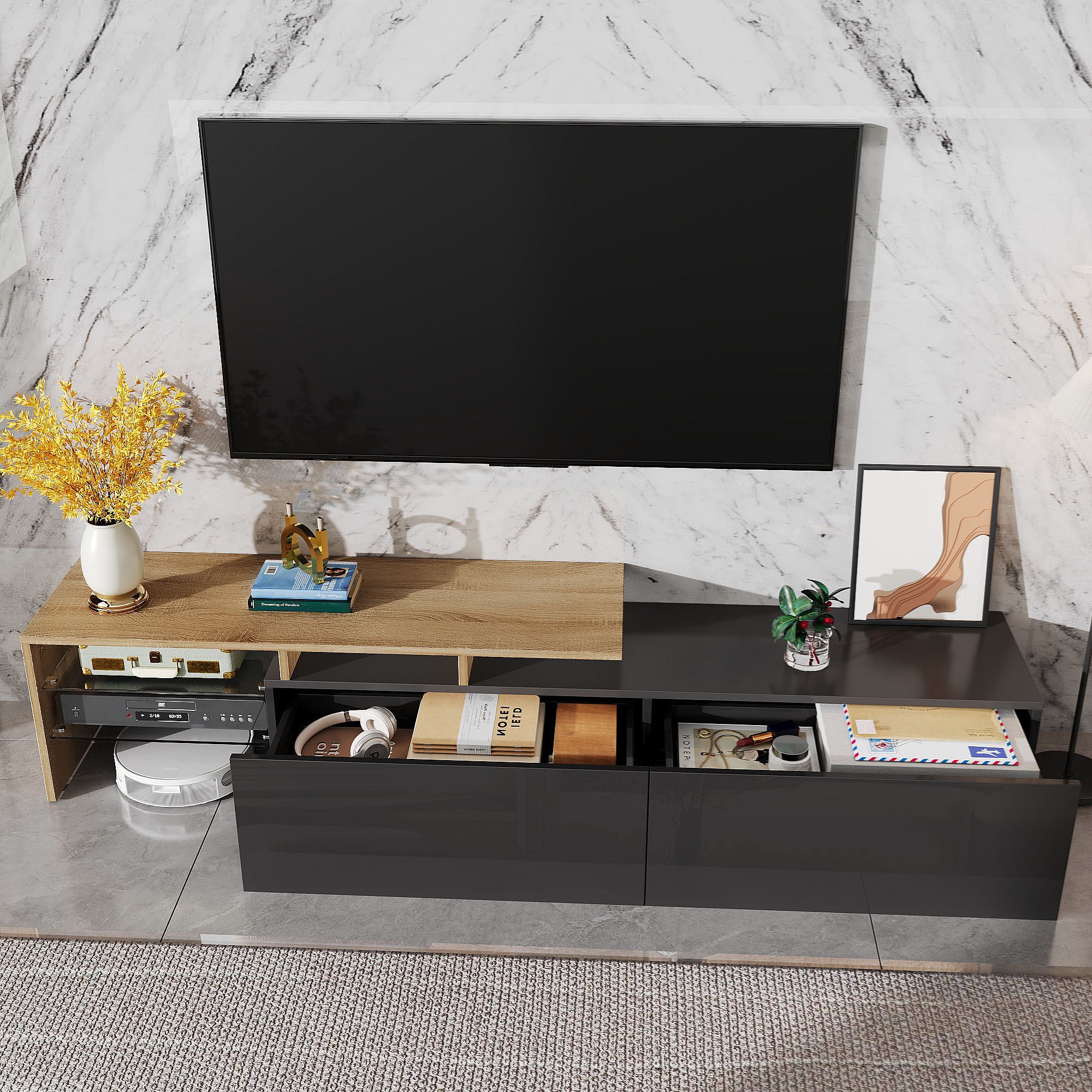 Meuble TV Avec éclairage LED Et 4 Tiroirs Tissu - 137x30x78 Cm, Cadre Fer Marron - Bahut Salon, Salle à Manger, Rangement