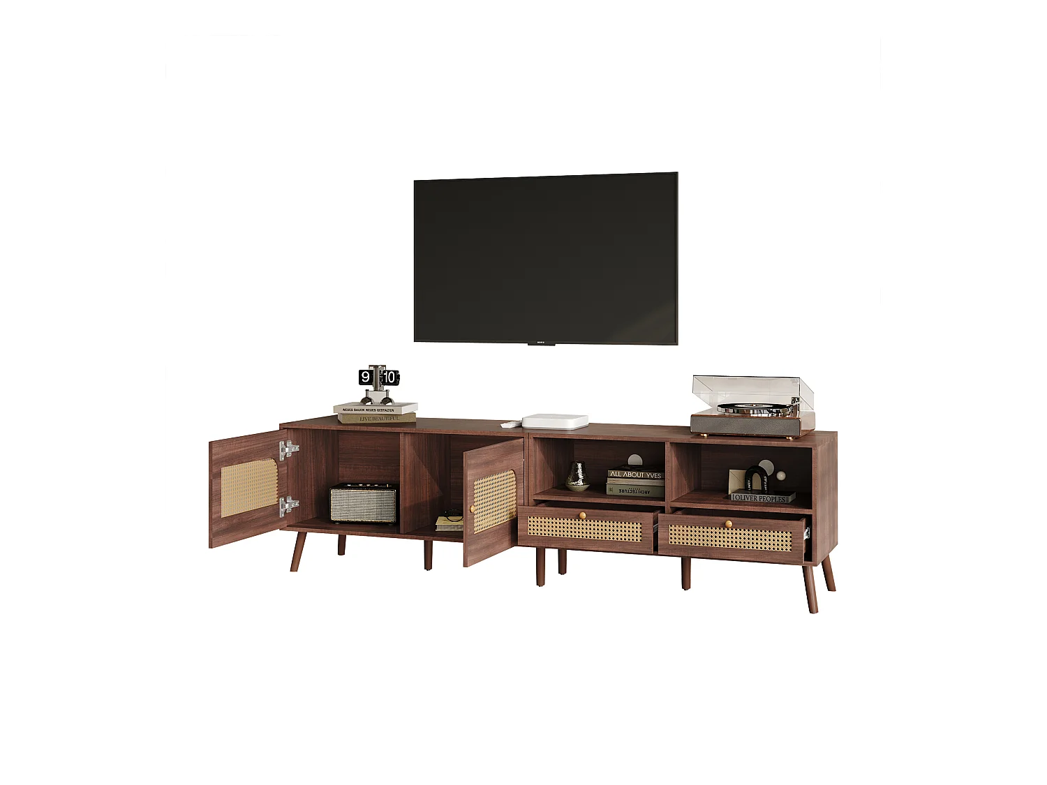 Szafa pod telewizor z 2 drzwiami i 2 szufladami - Brązowa szafka pod telewizor - Drzwi z rattanu - do telewizora 80-calowego