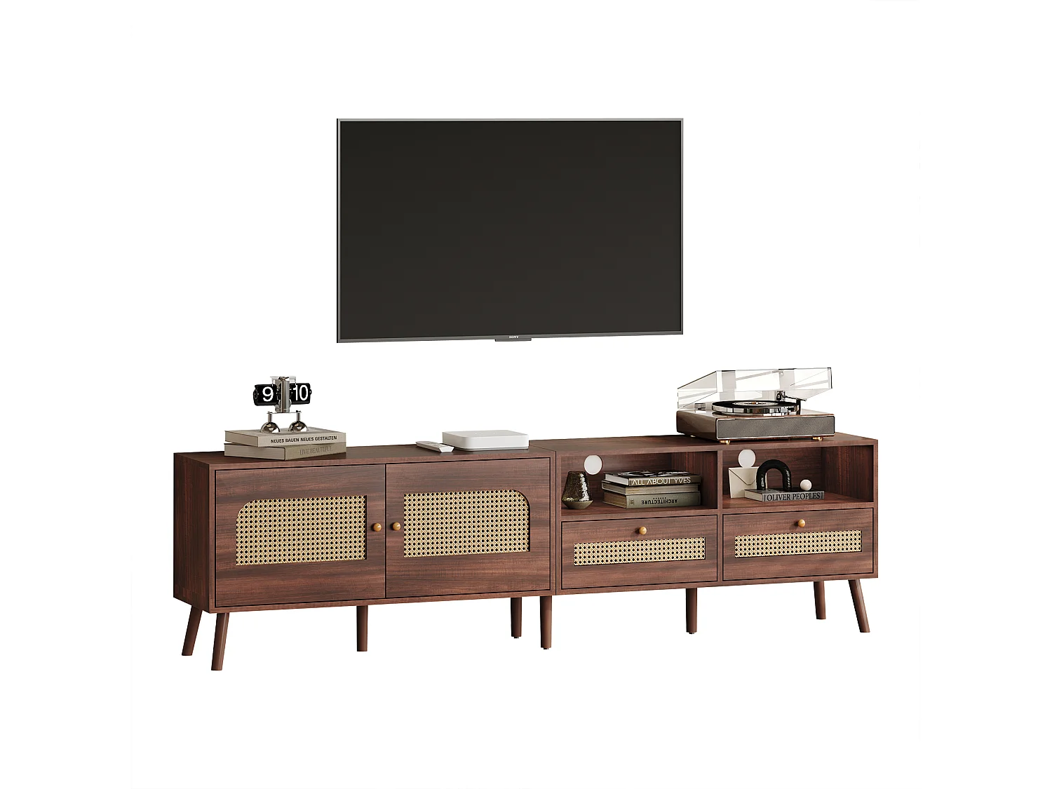 TV-meubel met 2 deuren en 2 lades - Bruine TV-kast - Rotan kastdeurontwerp - voor 80 inch TV