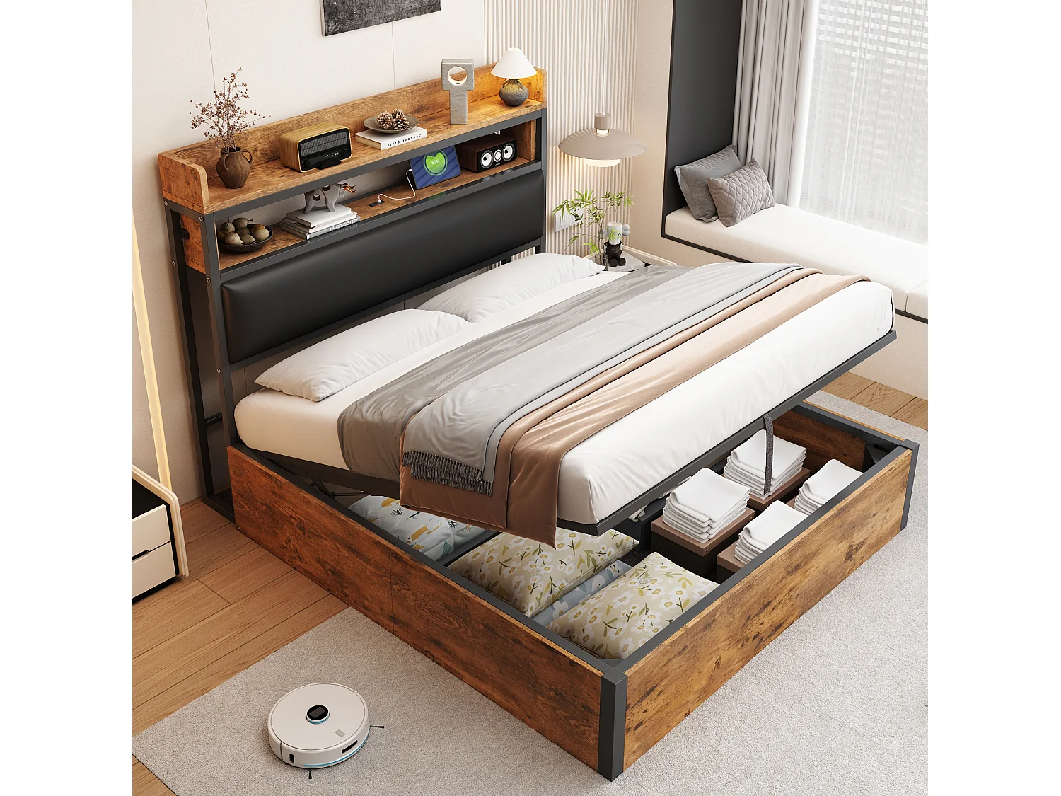 Opbergbed 140 x 200 cm - Eenpersoonsbed met USB-oplaadfunctie en opberghoofdeinde - zwart hout