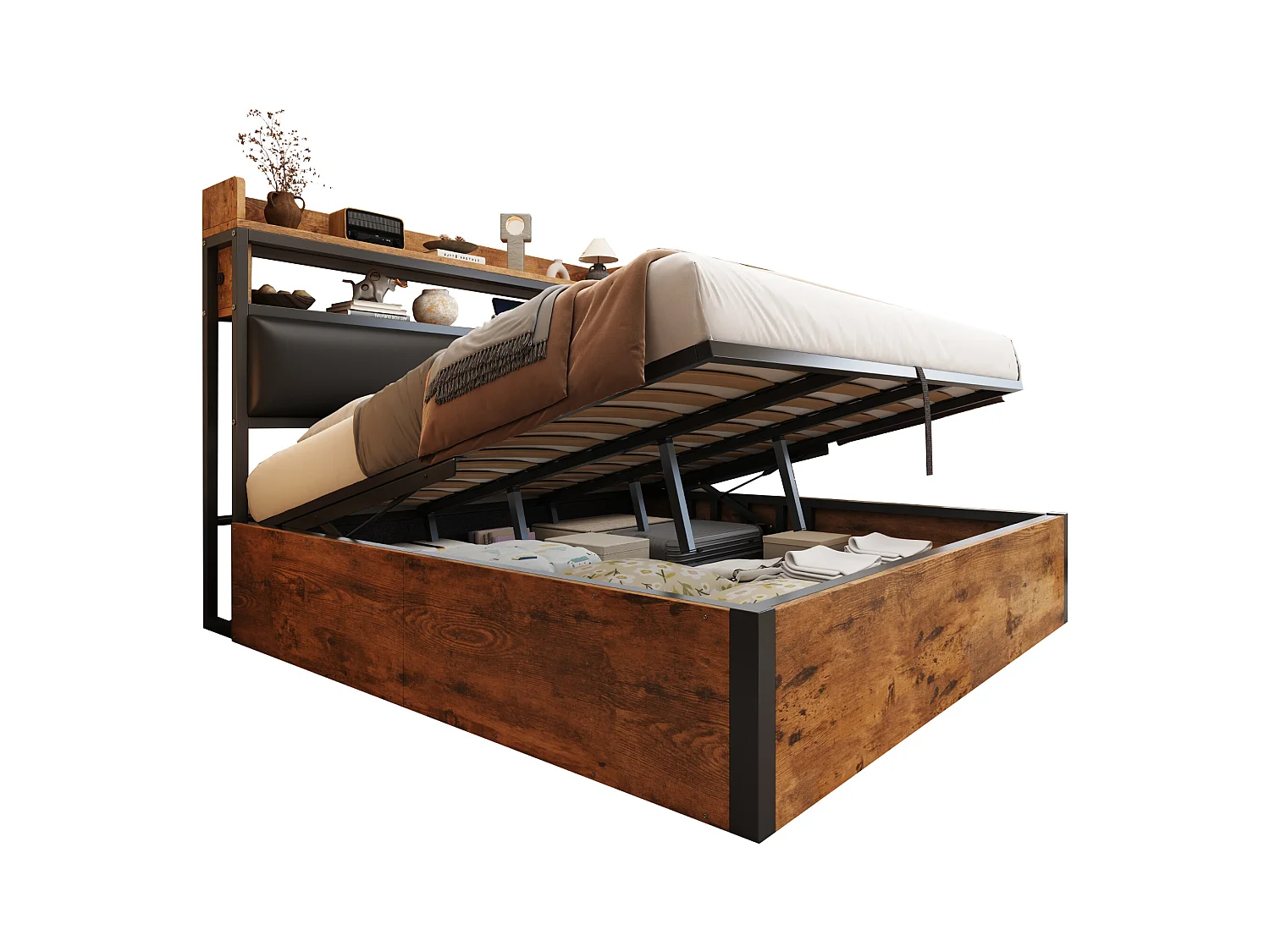 Opbergbed 140 x 200 cm - Eenpersoonsbed met USB-oplaadfunctie en opberghoofdeinde - zwart hout