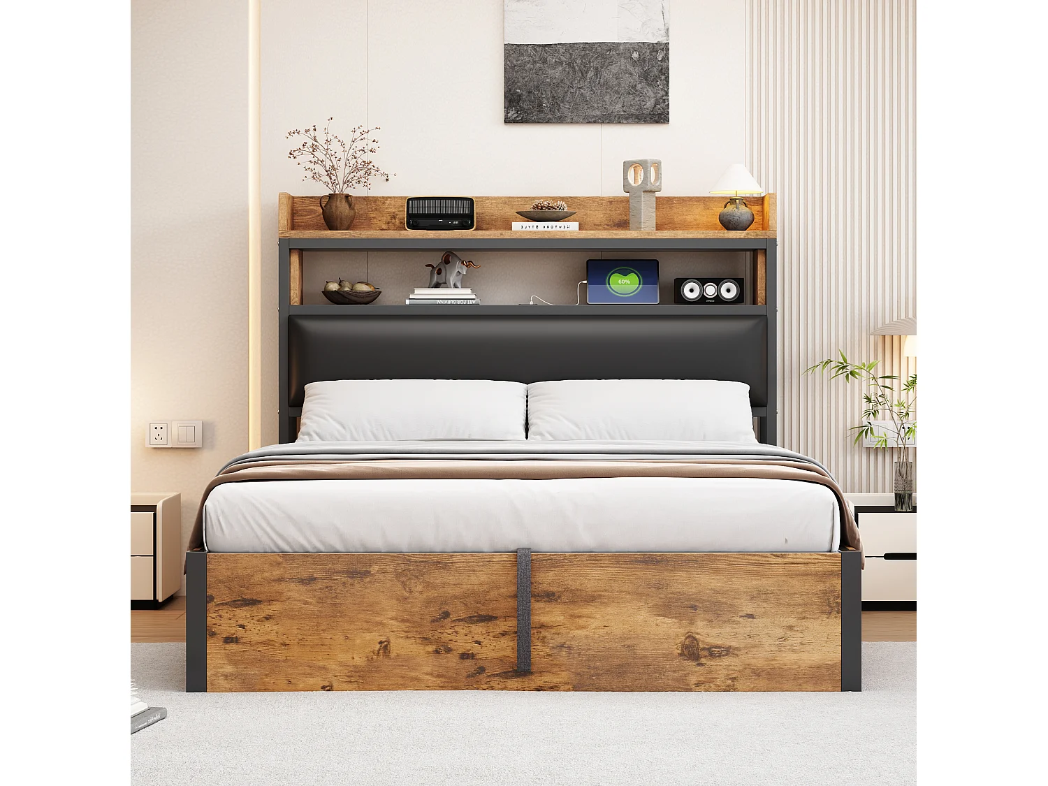 Opbergbed 140 x 200 cm - Eenpersoonsbed met USB-oplaadfunctie en opberghoofdeinde - zwart hout