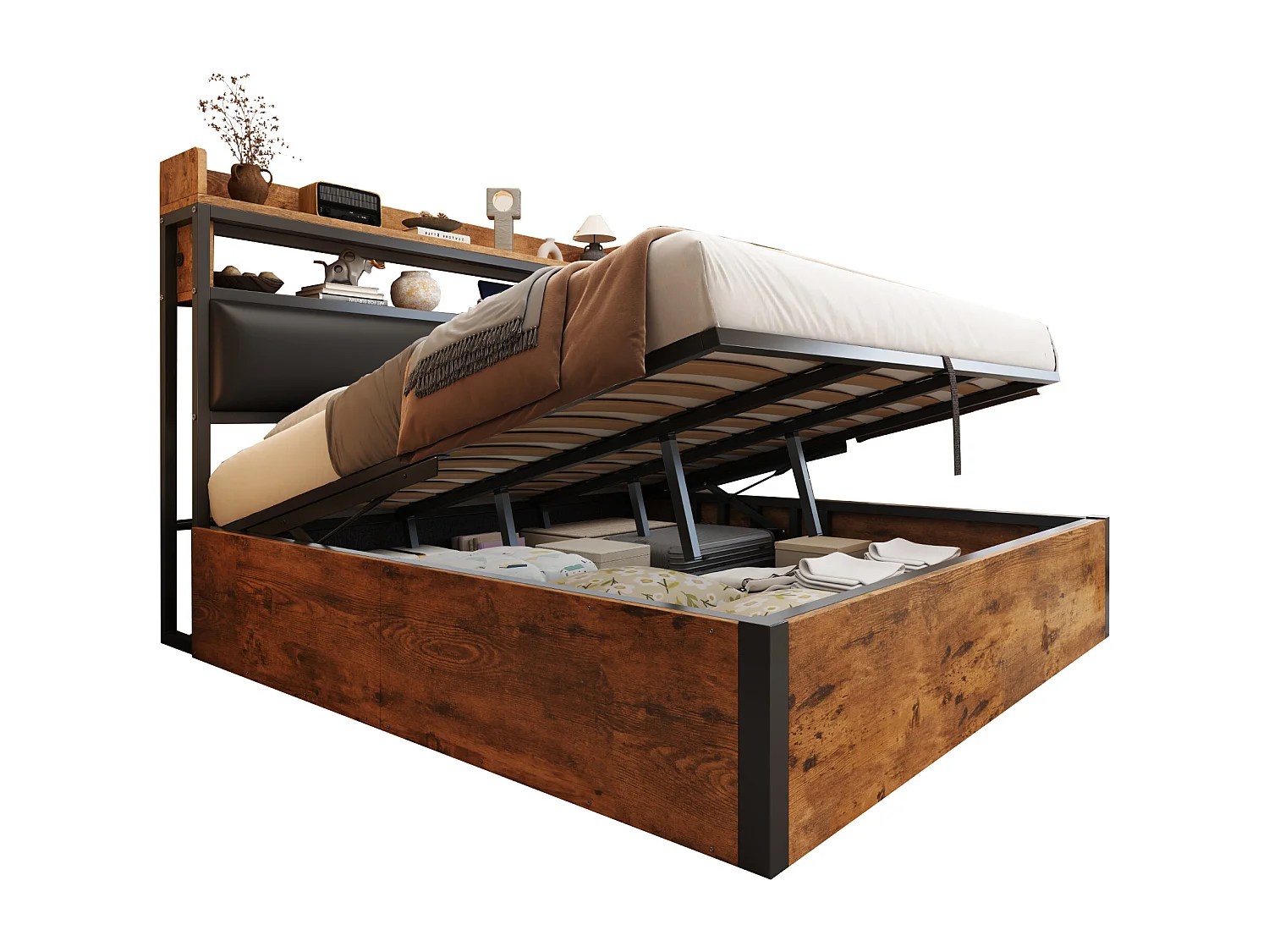 Opbergbed 140 x 200 cm - Eenpersoonsbed met USB-oplaadfunctie en opberghoofdeinde - zwart hout