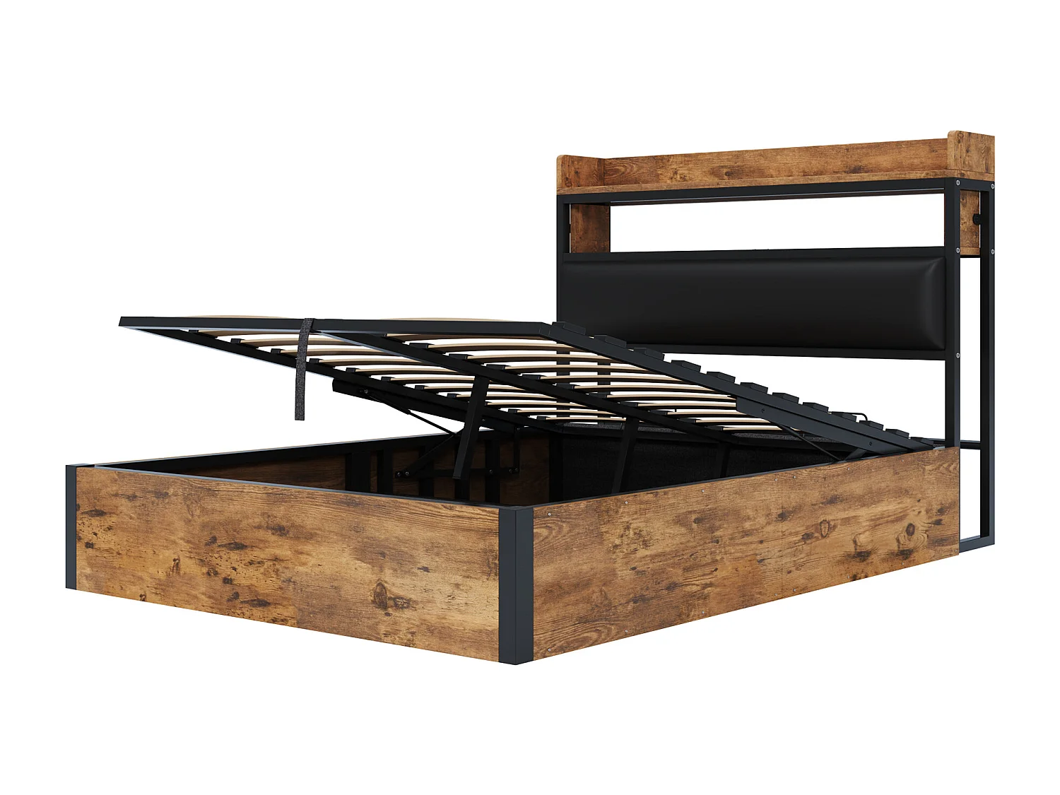 Opbergbed 140 x 200 cm - Eenpersoonsbed met USB-oplaadfunctie en opberghoofdeinde - zwart hout