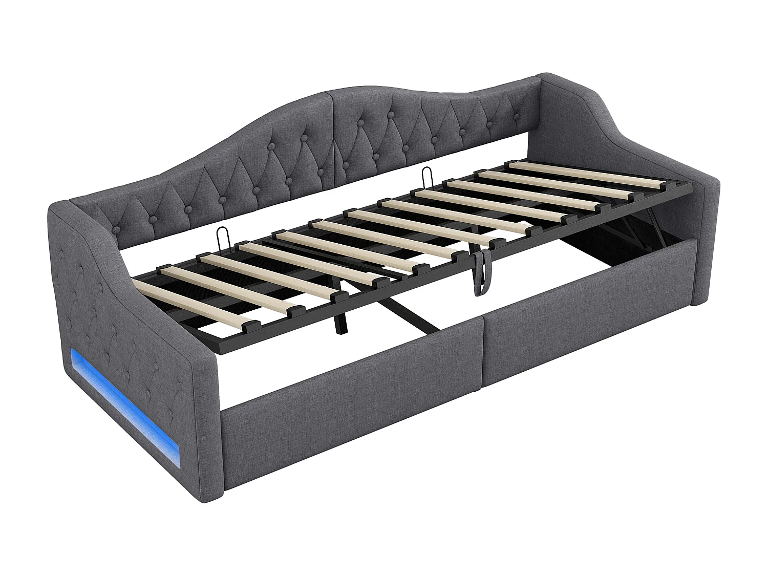 Łóżko z pojemnikiem 900 x 200 cm - Łóżko dziecięce z oświetleniem LED i podłokietnikami - szary len - bez materaca