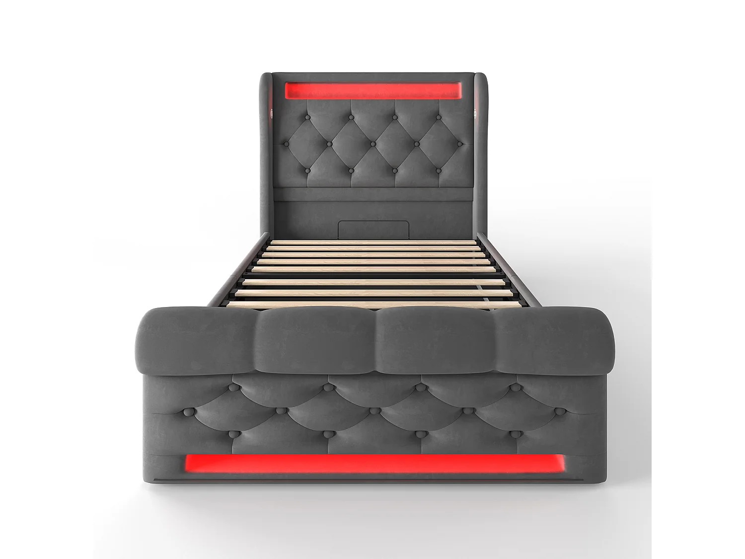 Letto contenitore 90x200 cm - Letto singolo con ricarica USB e luce LED - velluto grigio - senza materasso