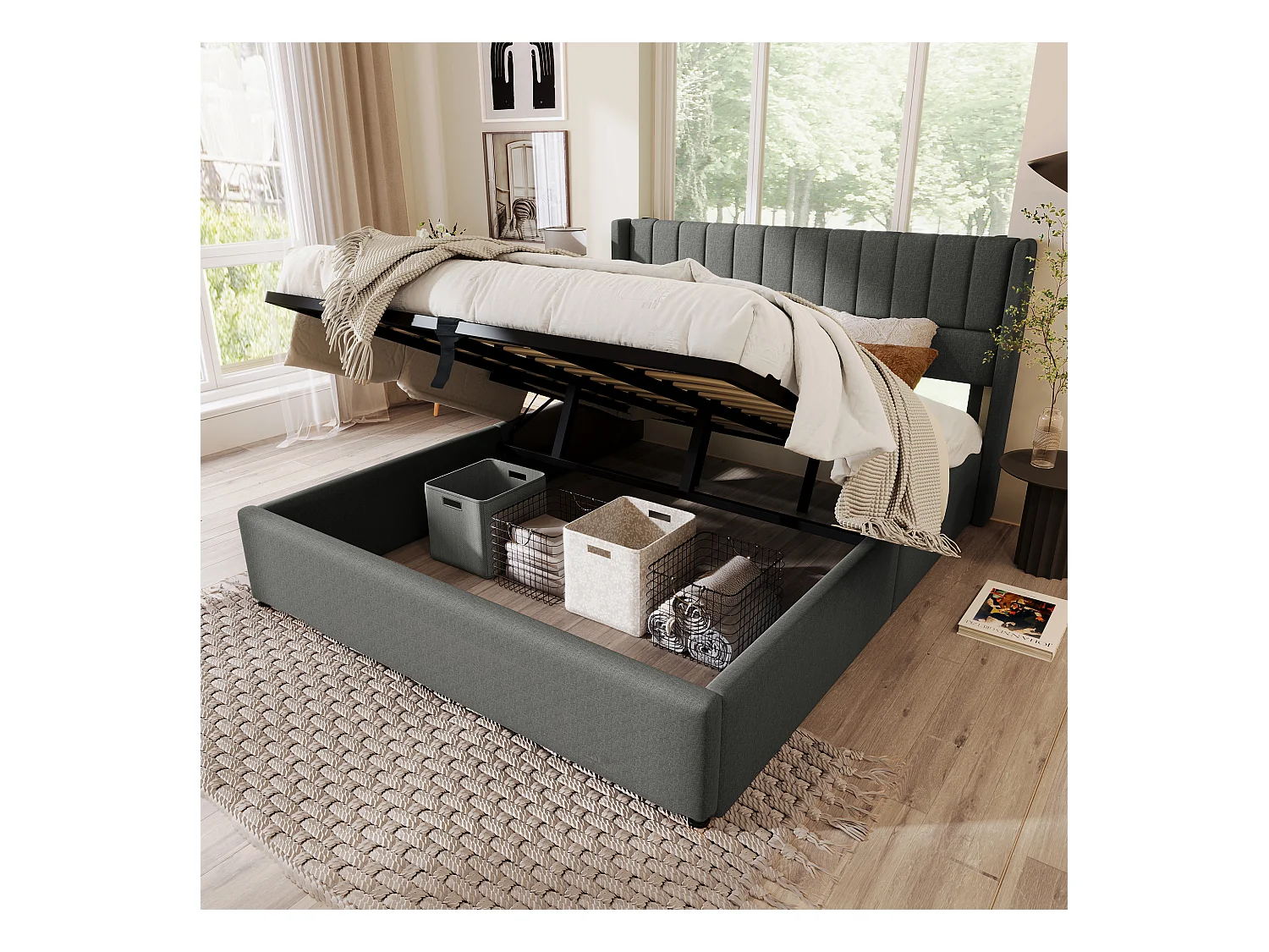 Lit coffre 180 x 200 cm - Lit adulte avec dossier rembourré - lin gris - sans matelas