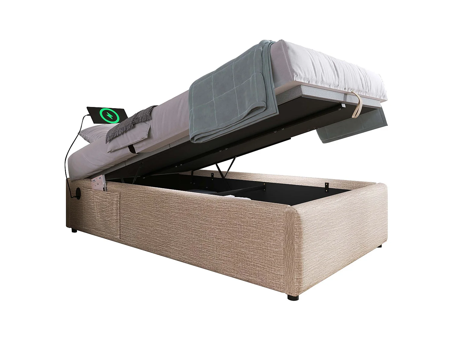 Lit coffre 90 x 190 cm - Lit enfant avec port USB et poche de rangement - lin beige - sans matelas