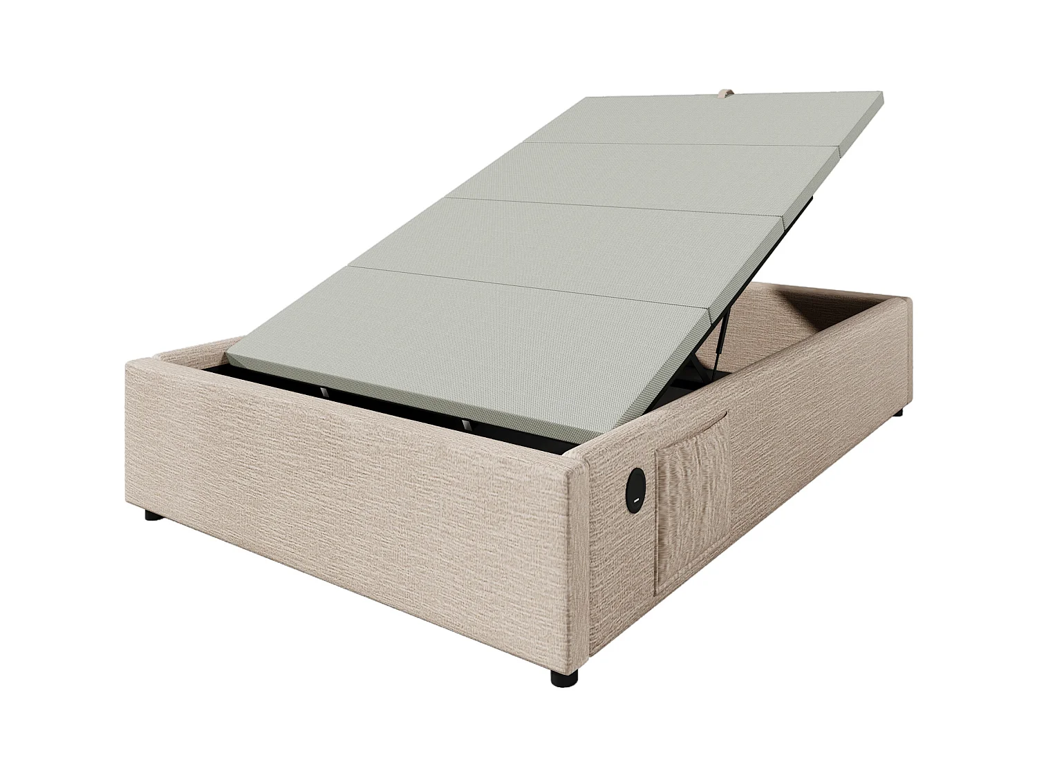 Lit coffre 90 x 190 cm - Lit enfant avec port USB et poche de rangement - lin beige - sans matelas