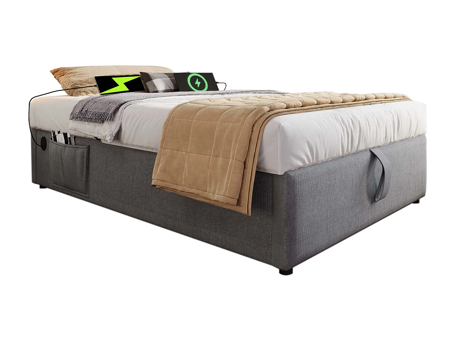 Opbergbed 90 x 190 cm - Kinderbed met USB-aansluiting en opbergvak - grijs linnen - zonder matras