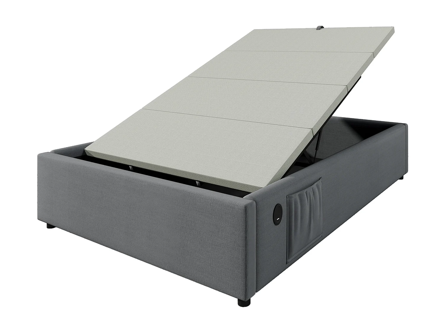 Opbergbed 90 x 190 cm - Kinderbed met USB-aansluiting en opbergvak - grijs linnen - zonder matras