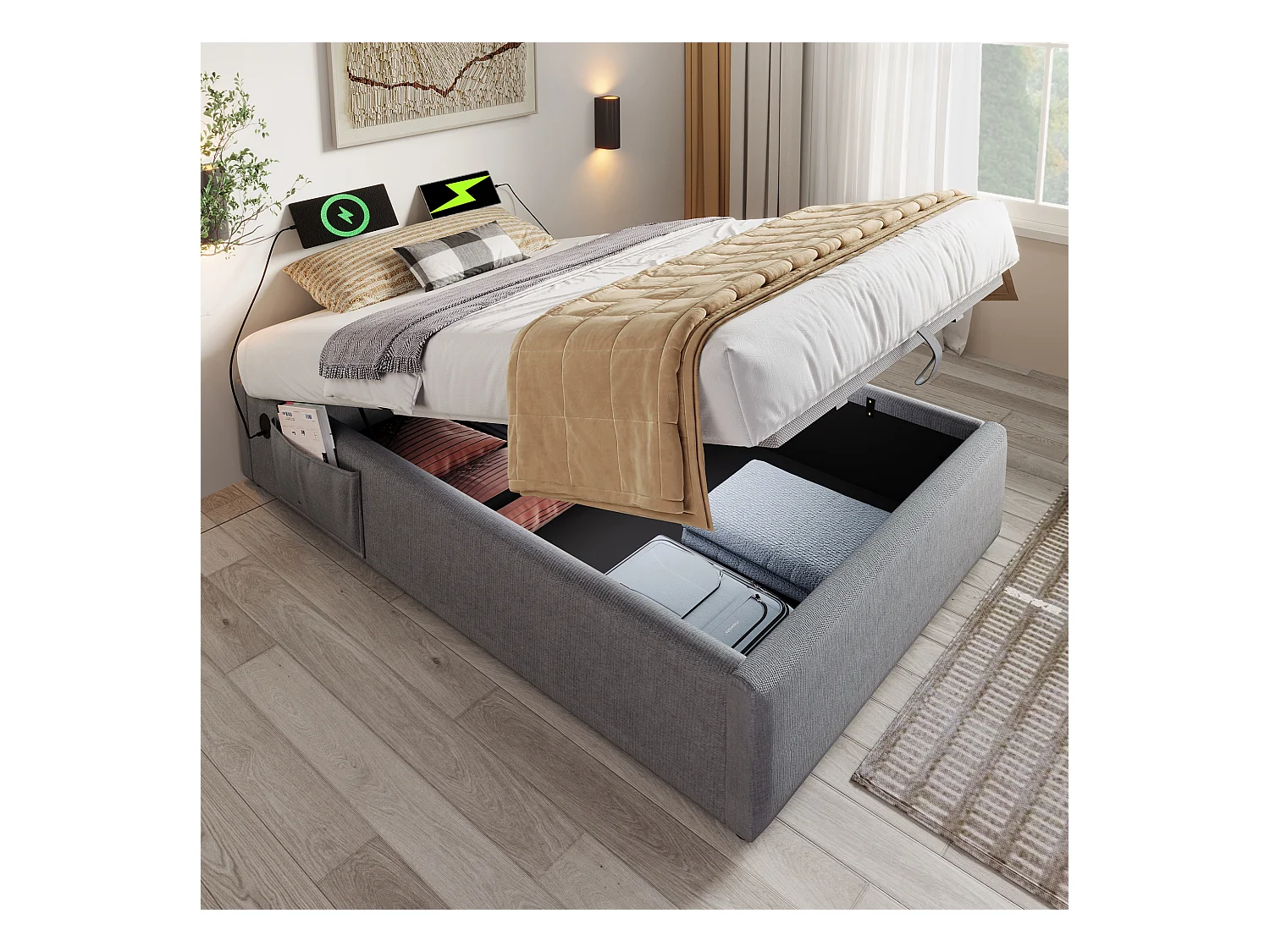 Lit coffre 90 x 190 cm - Lit enfant avec port USB et poche de rangement - lin gris - sans matelas