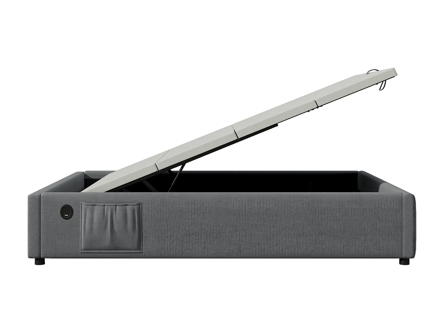 Lit coffre 90 x 190 cm - Lit enfant avec port USB et poche de rangement - lin gris - sans matelas