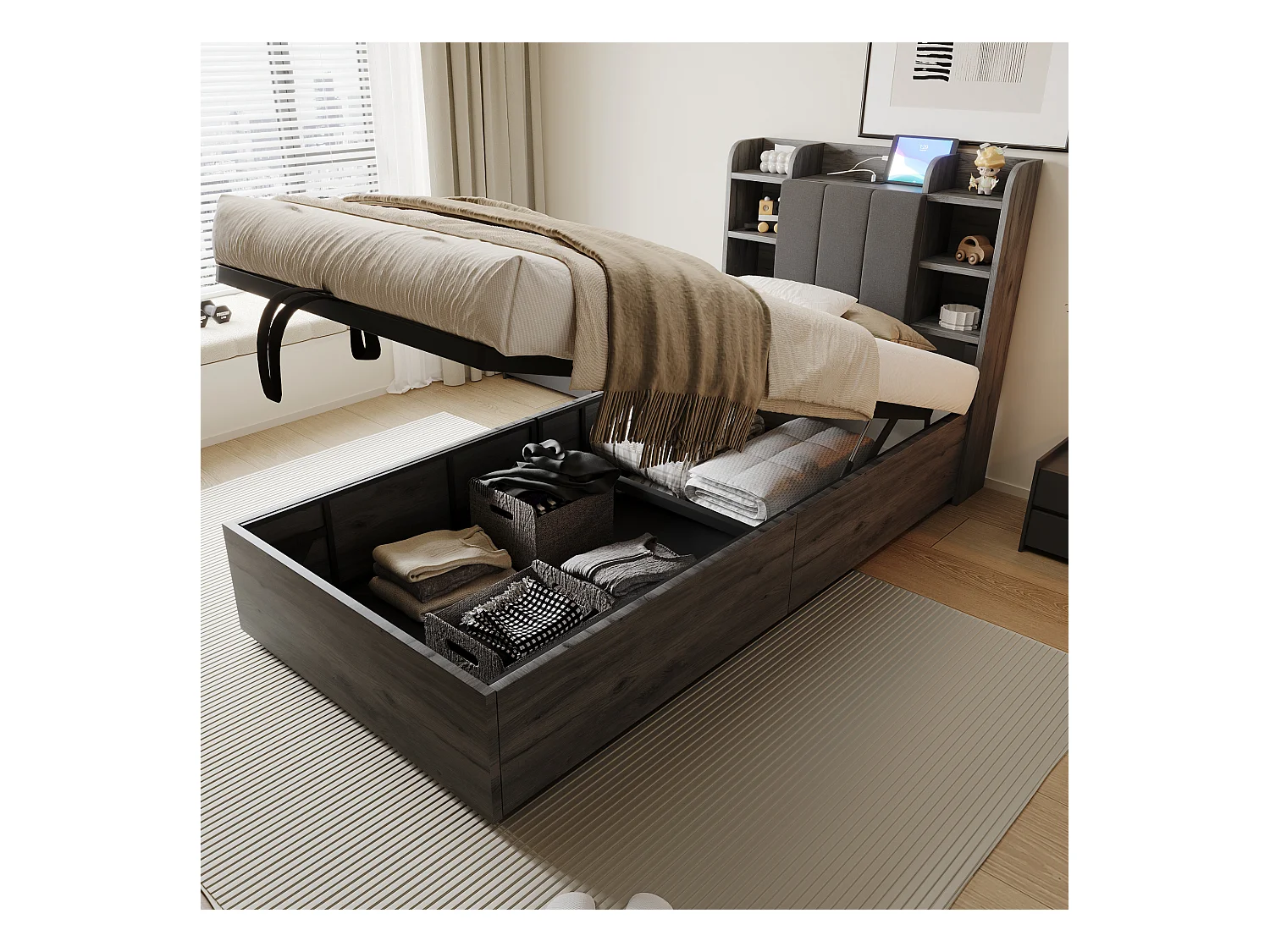 Lit coffre 90 x 200 cm - Lit enfant avec tête de lit avec rangement et recharge USB - bois gris - sans matelas