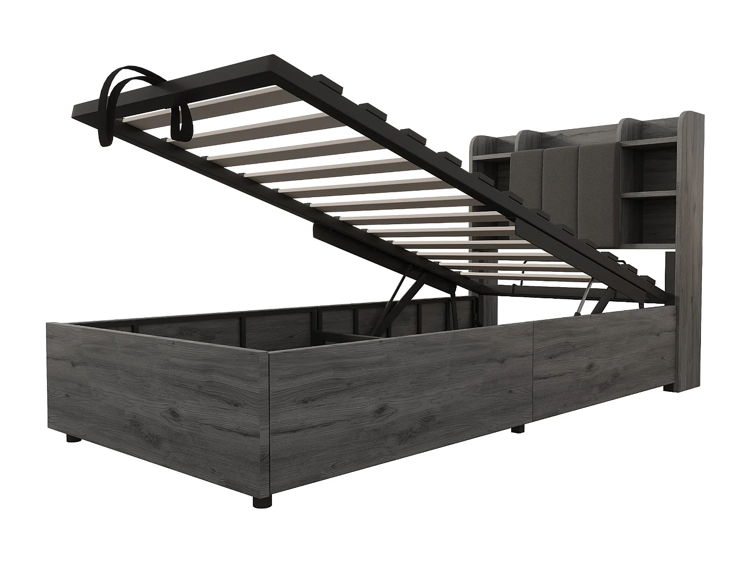 Lit coffre 90 x 200 cm - Lit enfant avec tête de lit avec rangement et recharge USB - bois gris - sans matelas