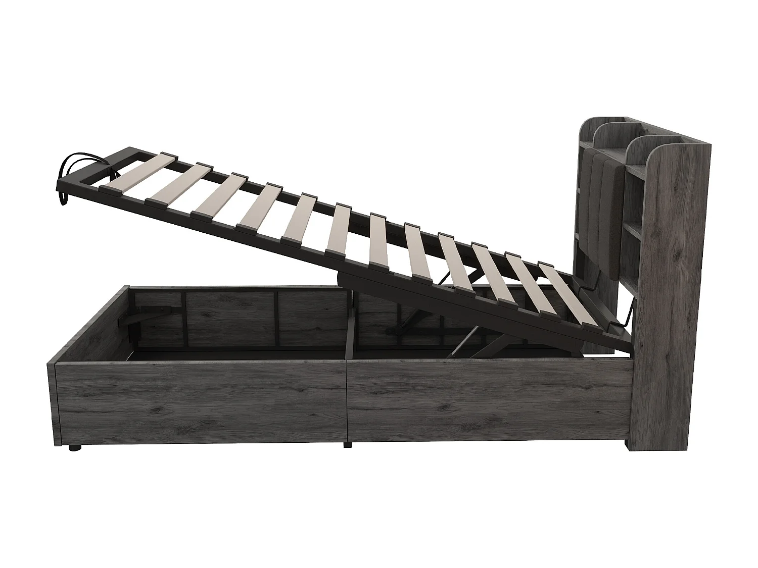 Lit coffre 90 x 200 cm - Lit enfant avec tête de lit avec rangement et recharge USB - bois gris - sans matelas