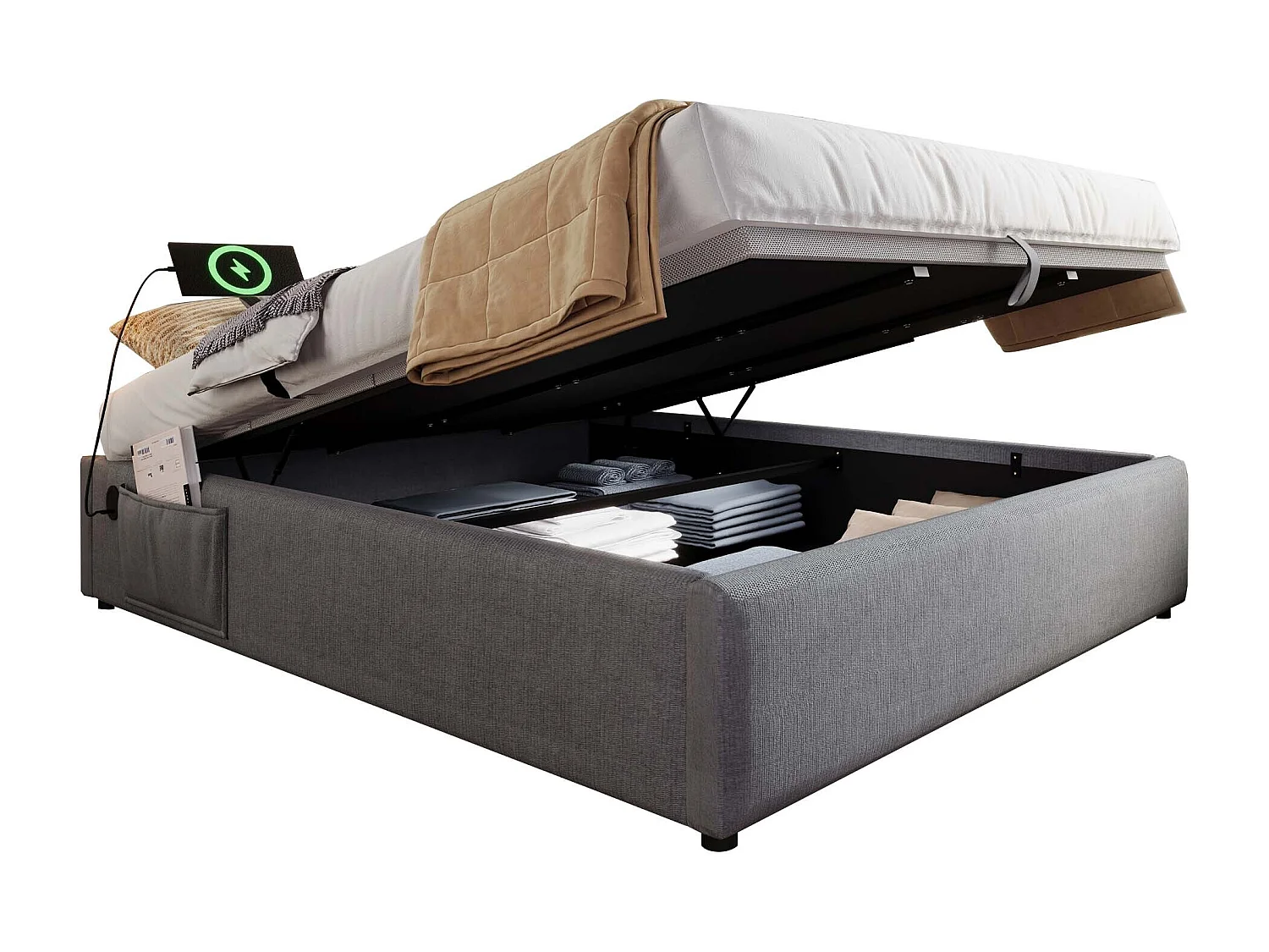 Lit coffre 140 x 200 cm - Lit enfant avec port USB et poche de rangement - lin gris - sans matelas