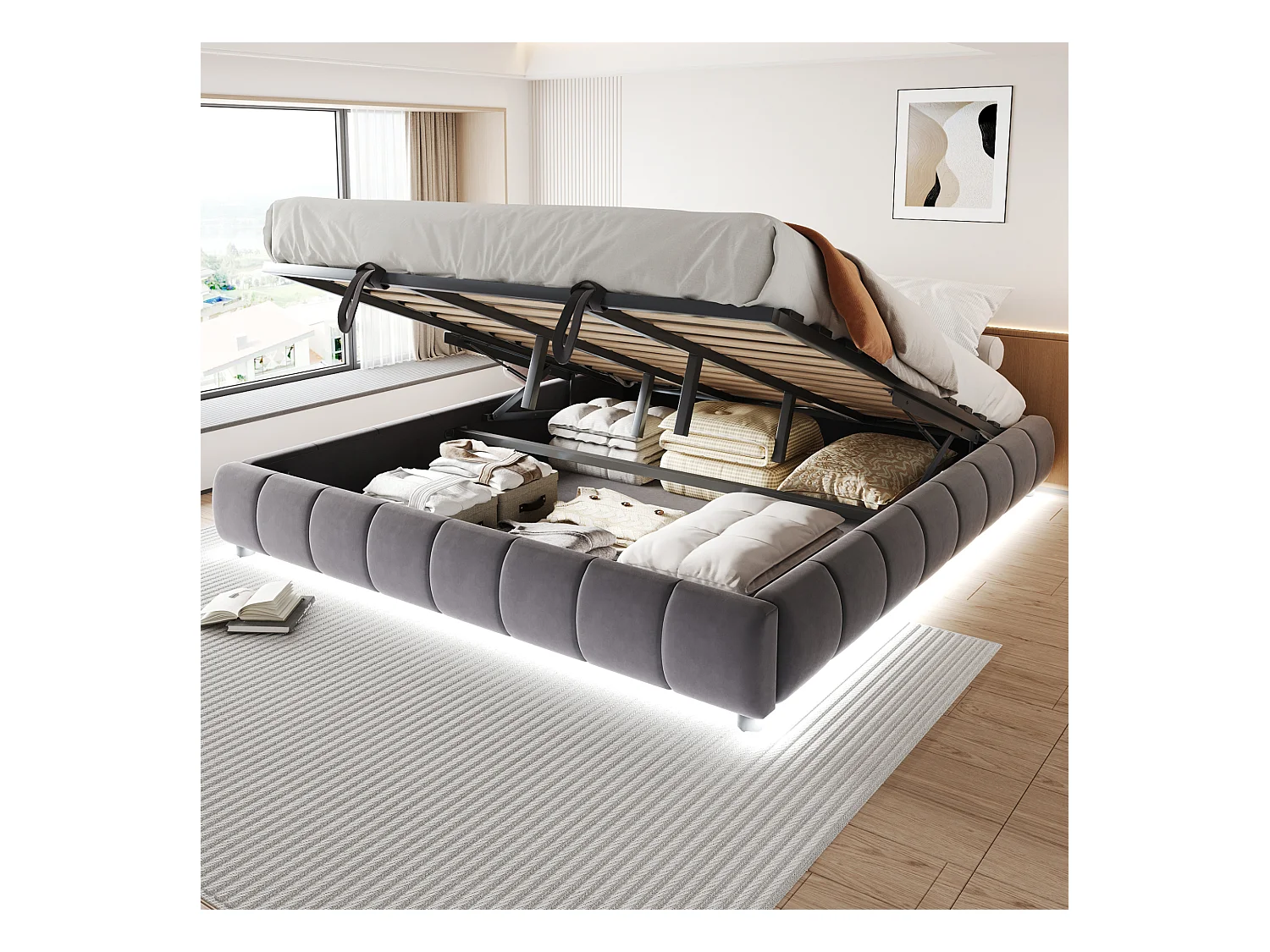 Lit coffre 180 x 200 cm - Lit adulte avec éclairage LED et rangement - flanelle gris - sans matelas