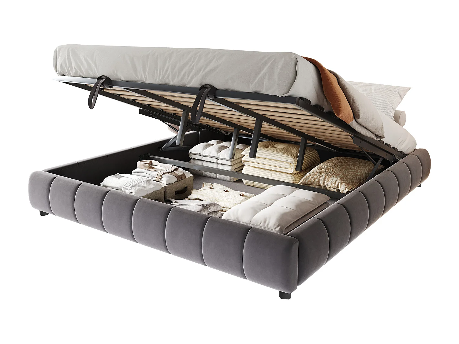 Lit coffre 180 x 200 cm - Lit adulte avec éclairage LED et rangement - flanelle gris - sans matelas