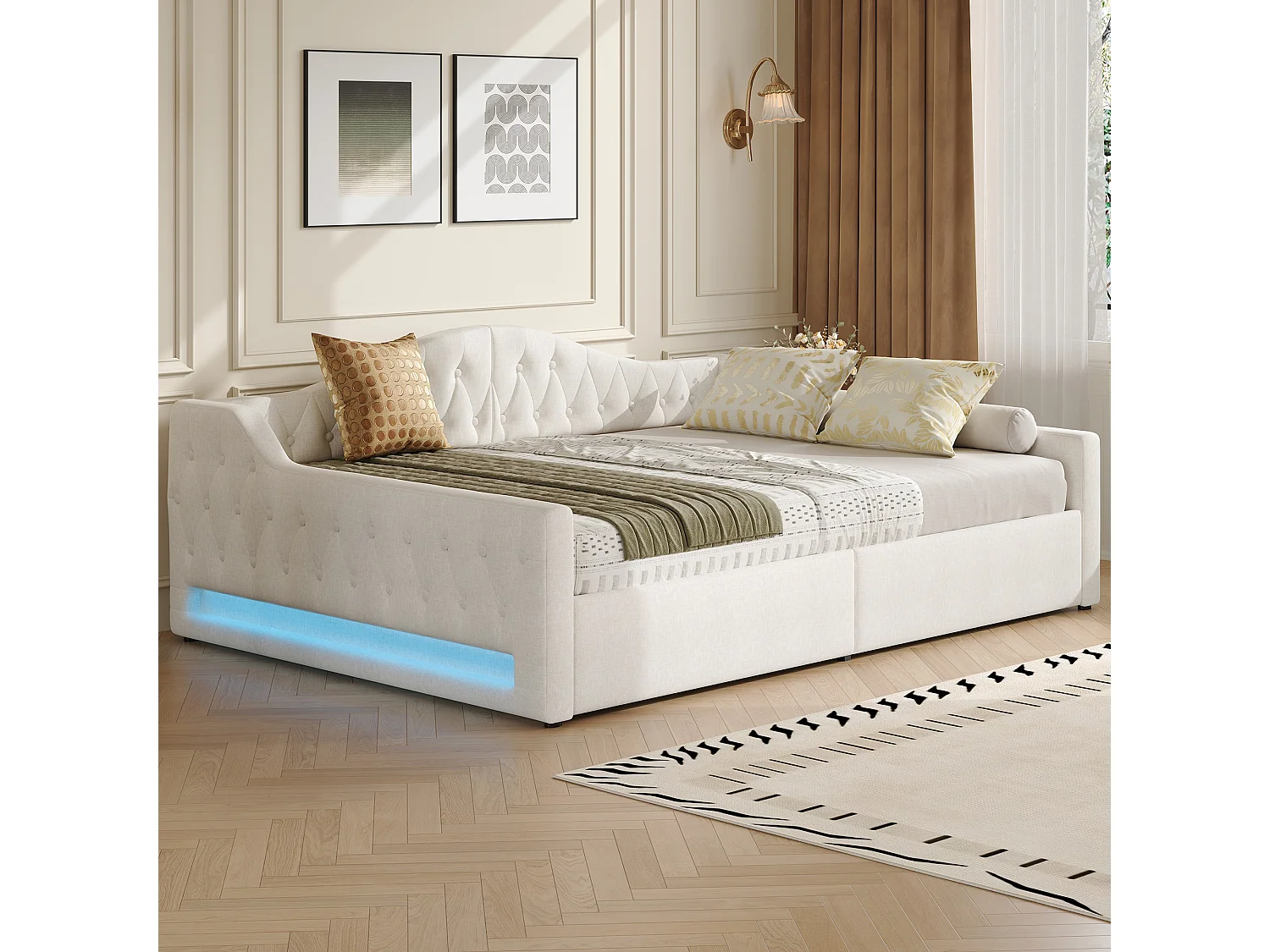 Letto contenitore 140 x 200 cm - Letto per adulti con illuminazione a LED e braccioli - lino beige - senza materasso