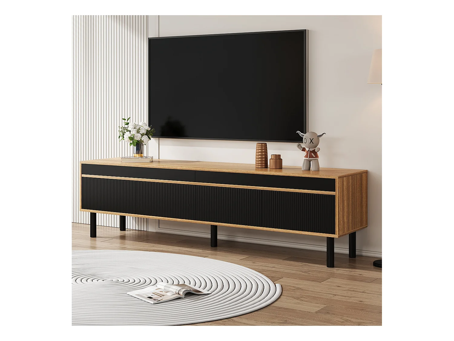 Meuble TV noir et bois - Meuble TV 4 portes avec pieds en bois - pour salon