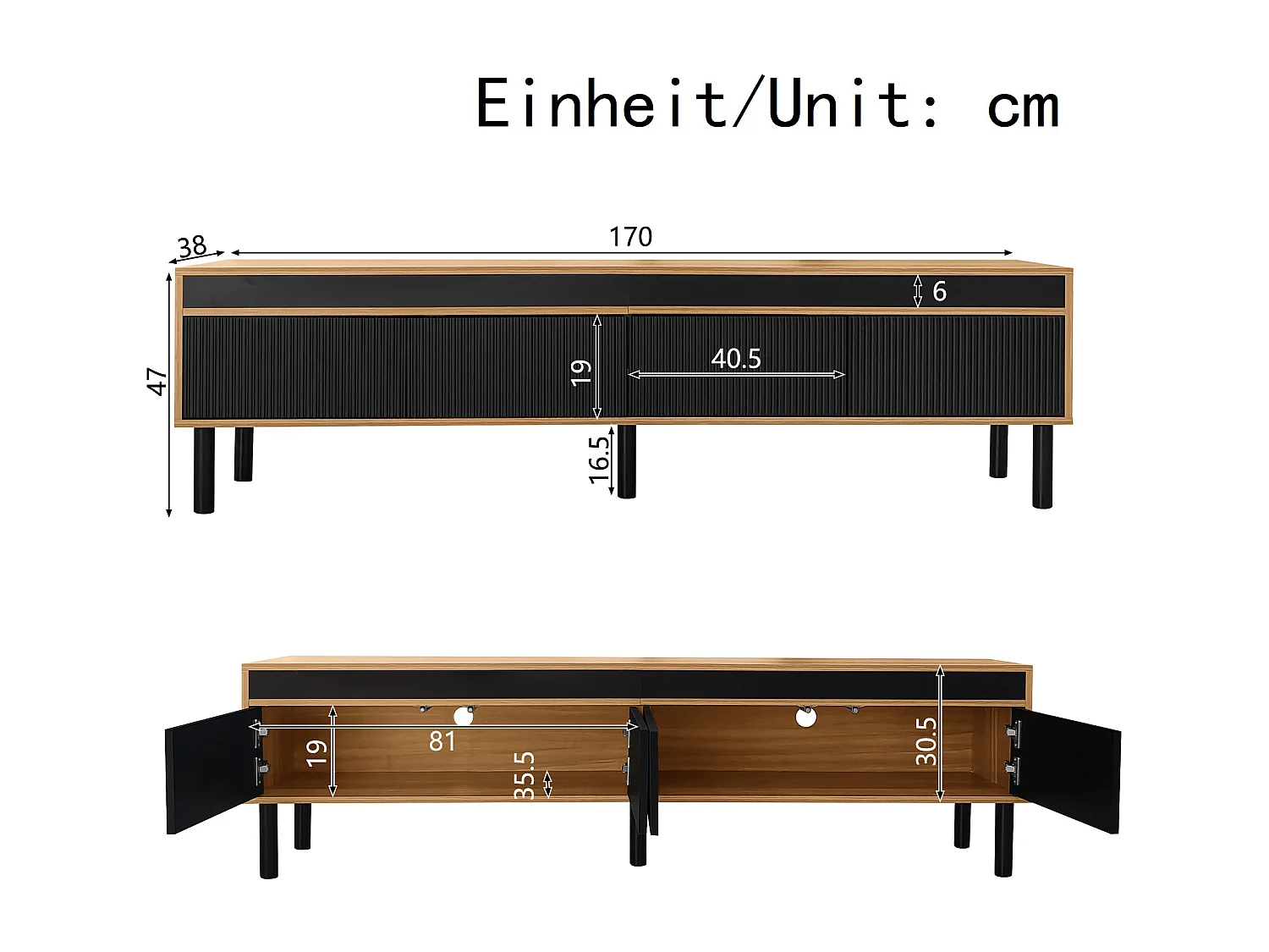 Meuble TV noir et bois - Meuble TV 4 portes avec pieds en bois - pour salon