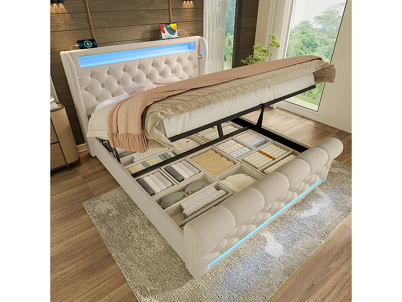 Opbergbed 140x200 cm - Eenpersoonsbed met USB-oplader en LED-verlichting - beige fluweel - zonder matras