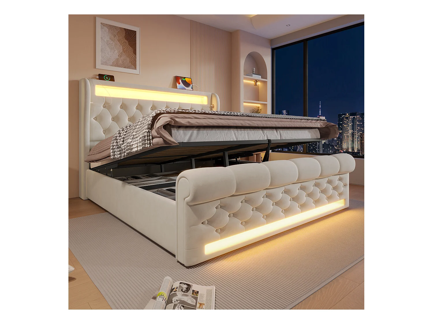 Opbergbed 160x200 cm - Eenpersoonsbed met USB-oplader en LED-verlichting - beige fluweel - zonder matras