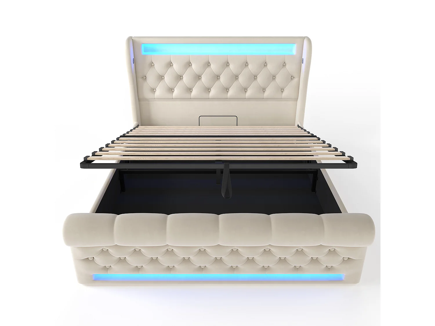 Opbergbed 160x200 cm - Eenpersoonsbed met USB-oplader en LED-verlichting - beige fluweel - zonder matras