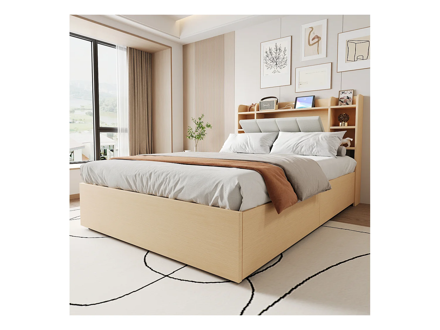 Lit coffre 140 x 200 cm - Lit adulte avec tête de lit avec rangement et recharge USB - bois naturel - sans matelas