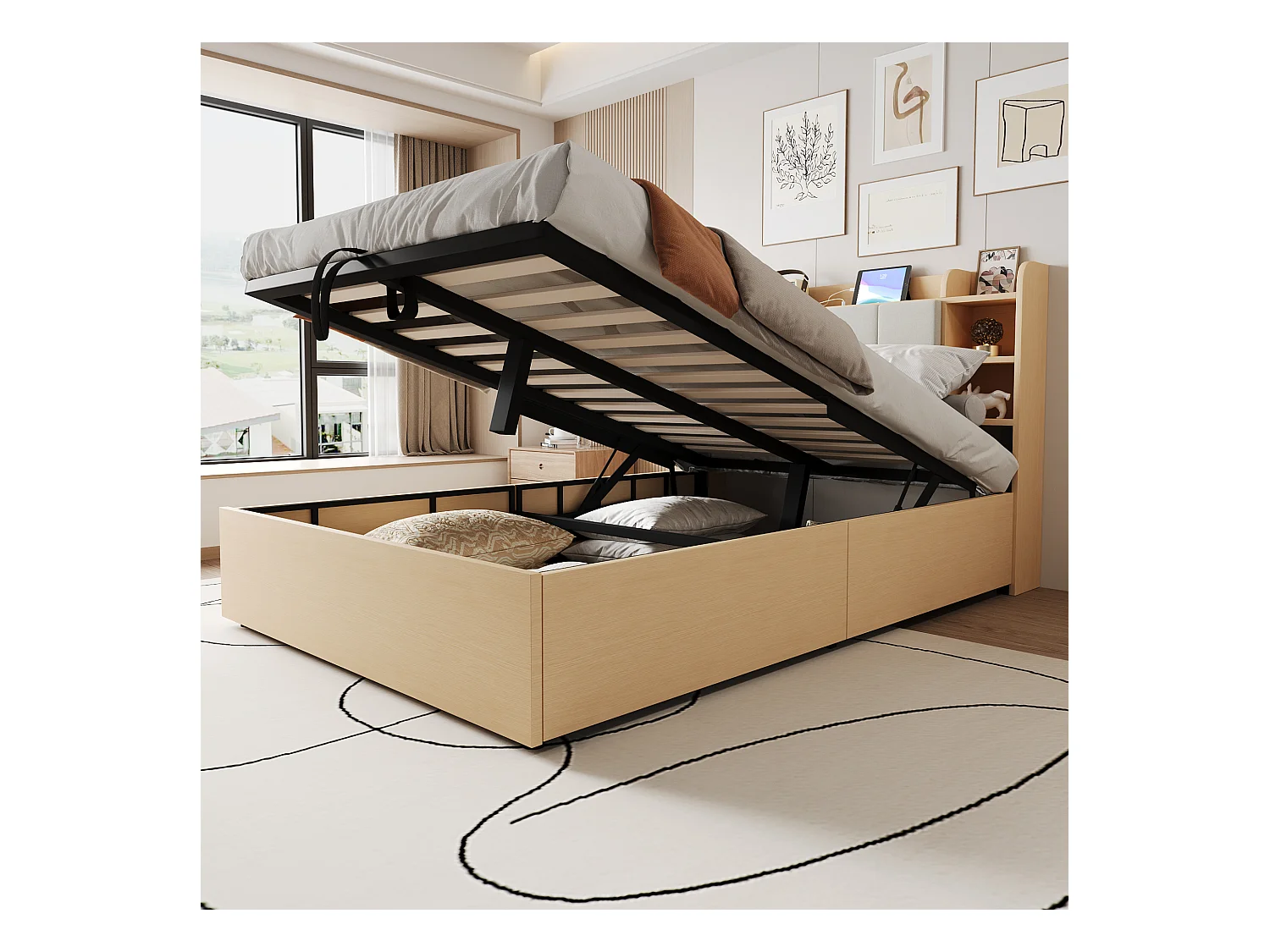 Lit coffre 140 x 200 cm - Lit adulte avec tête de lit avec rangement et recharge USB - bois naturel - sans matelas