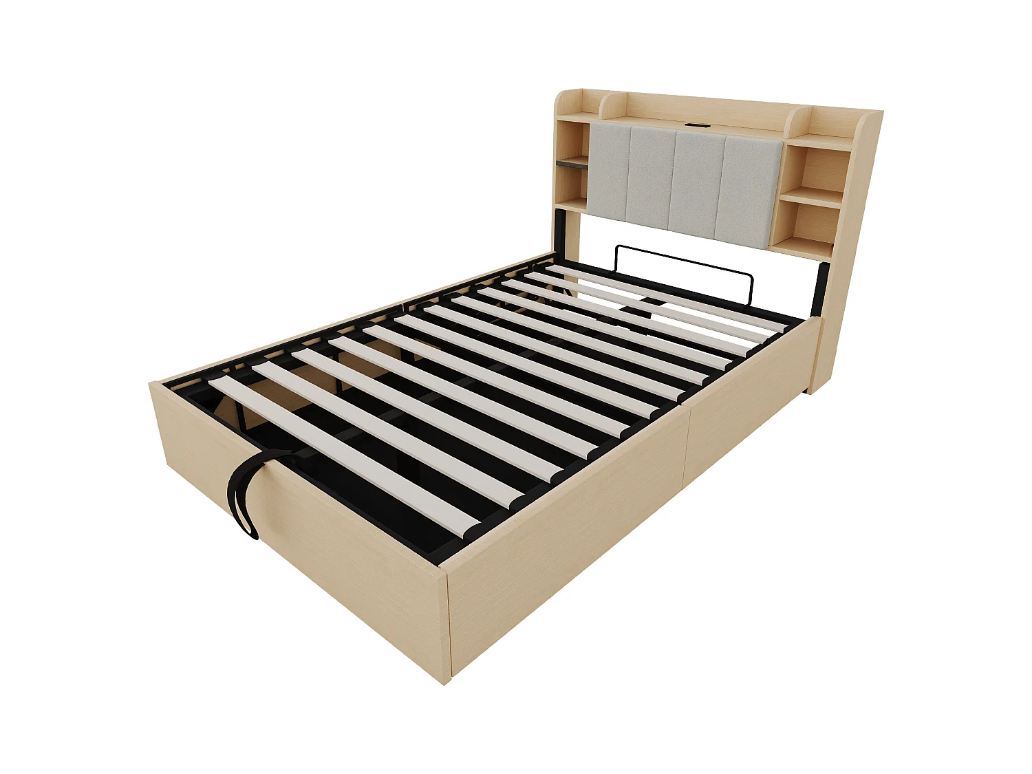 Lit coffre 140 x 200 cm - Lit adulte avec tête de lit avec rangement et recharge USB - bois naturel - sans matelas