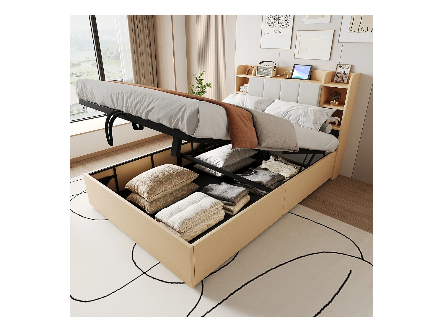 Lit coffre 140 x 200 cm - Lit adulte avec tête de lit avec rangement et recharge USB - bois naturel - sans matelas