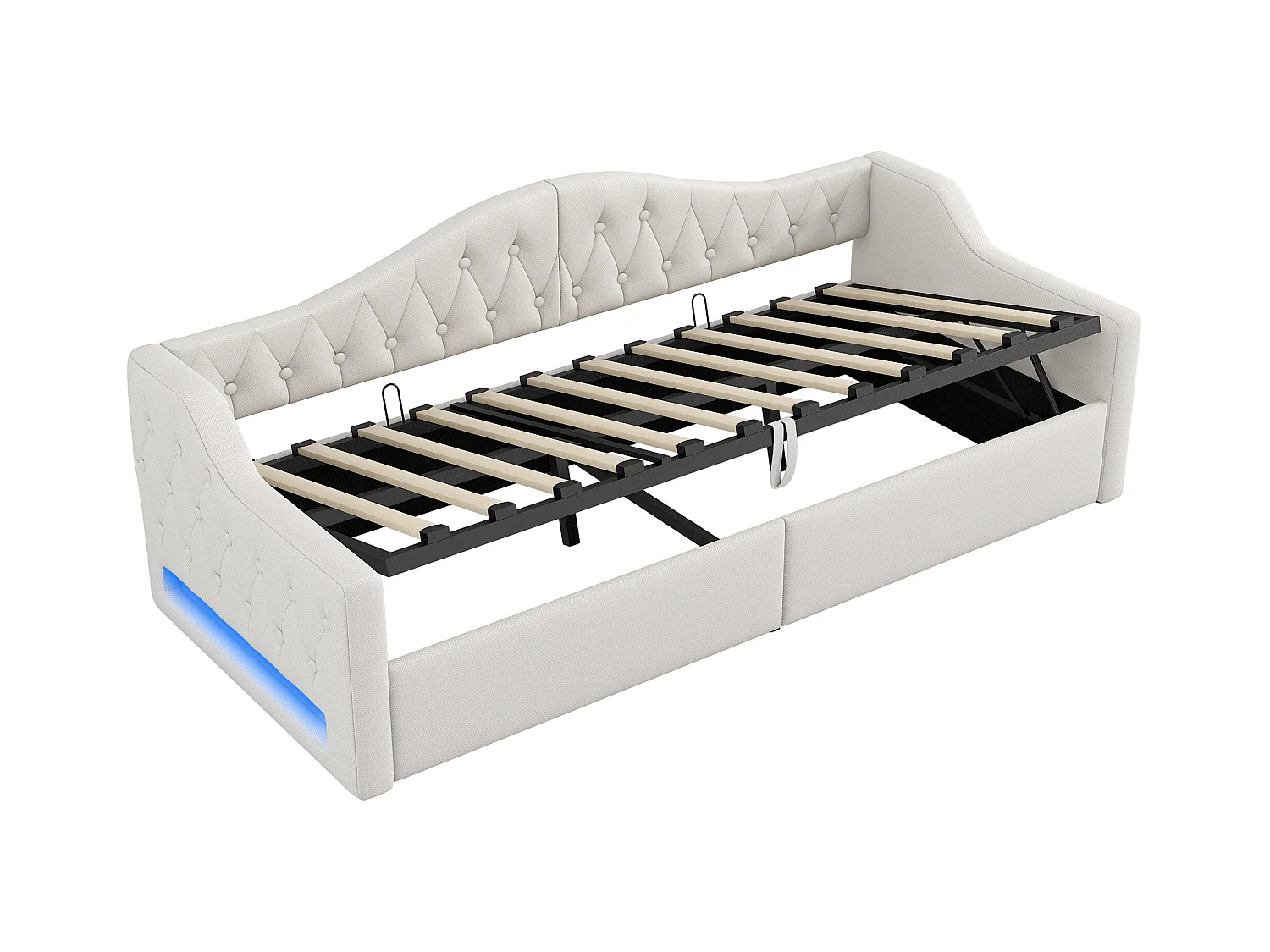 Lit coffre 900 x 200 cm - Lit enfant avec éclairage LED et accoudoirs - lin beige - sans matelas