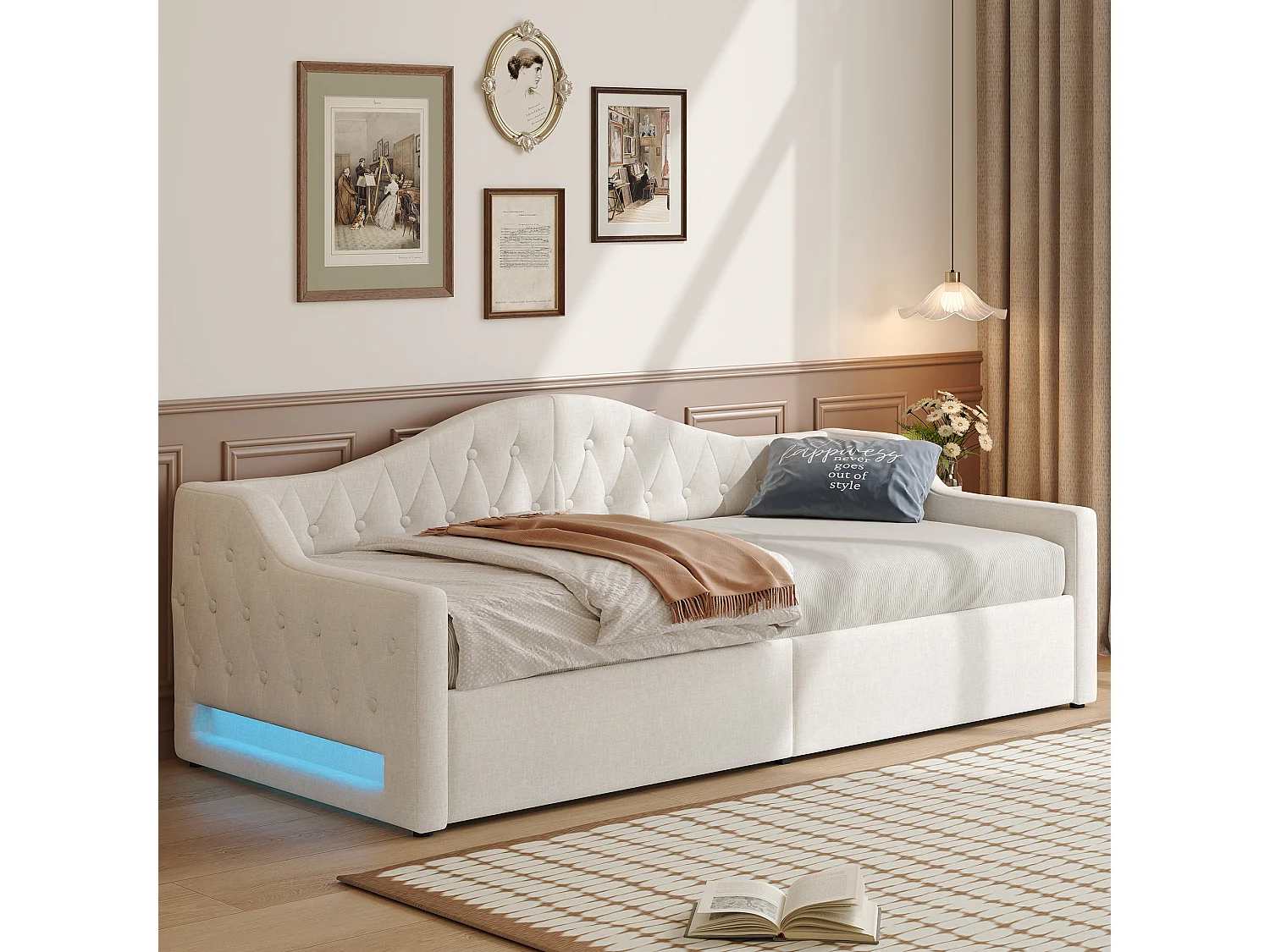 Opbergbed 900 x 200 cm - Kinderbed met LED-verlichting en armleuningen - beige linnen - zonder matras
