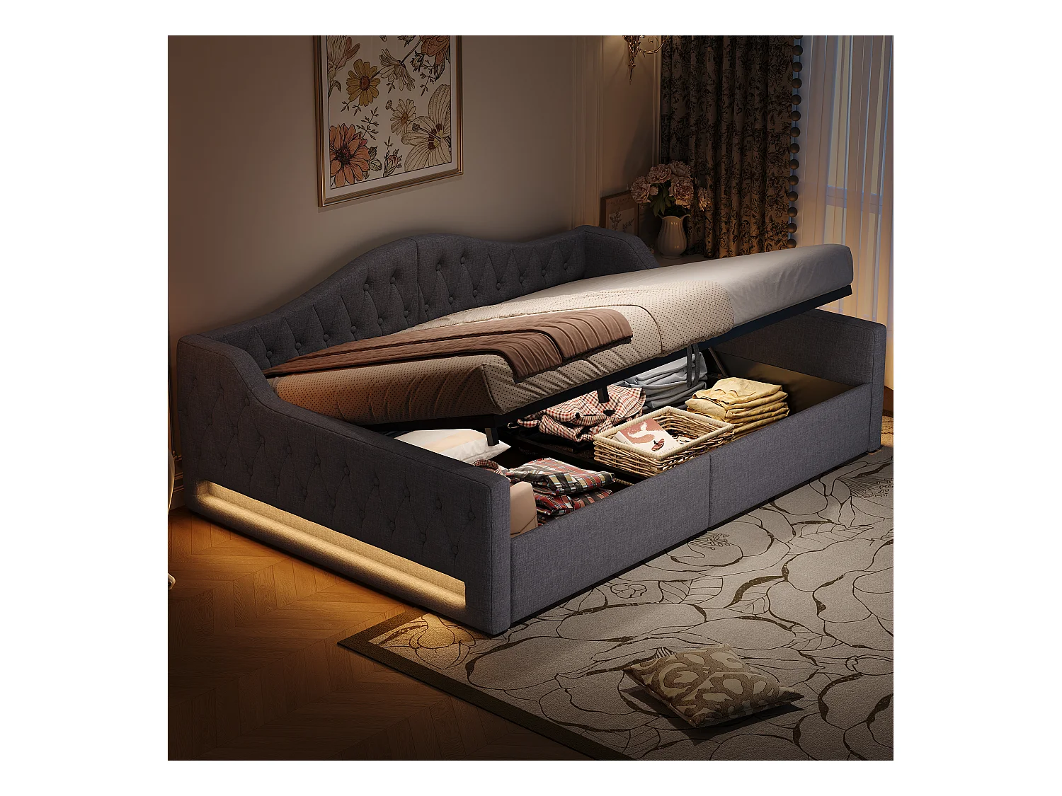 Lit coffre 140 x 200 cm - Lit adulte avec éclairage LED et accoudoirs - lin gris - sans matelas