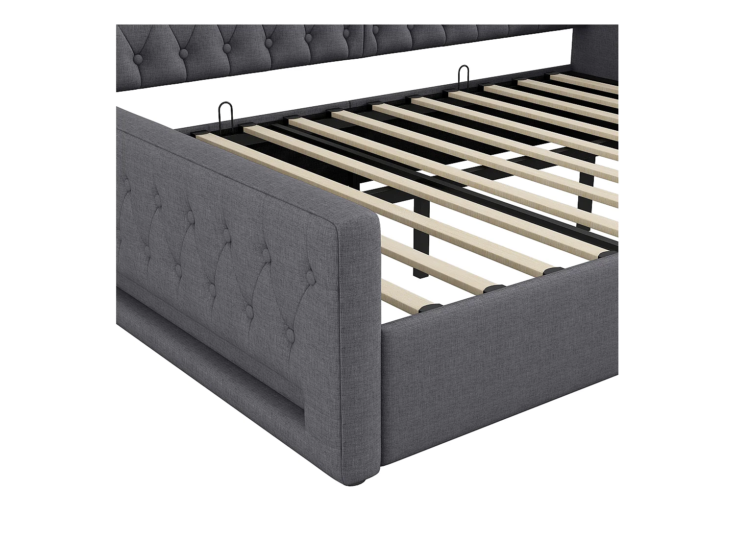 Stauraumbett 140 x 200 cm - Erwachsenenbett mit LED-Beleuchtung und Armlehnen - graues Leinen - ohne Matratze