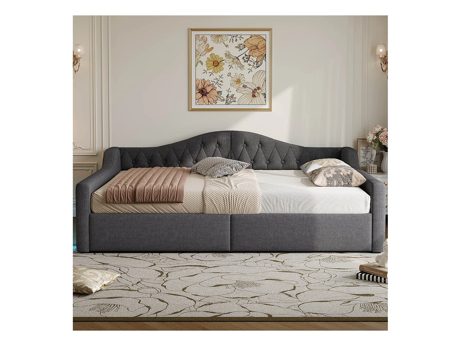 Stauraumbett 140 x 200 cm - Erwachsenenbett mit LED-Beleuchtung und Armlehnen - graues Leinen - ohne Matratze