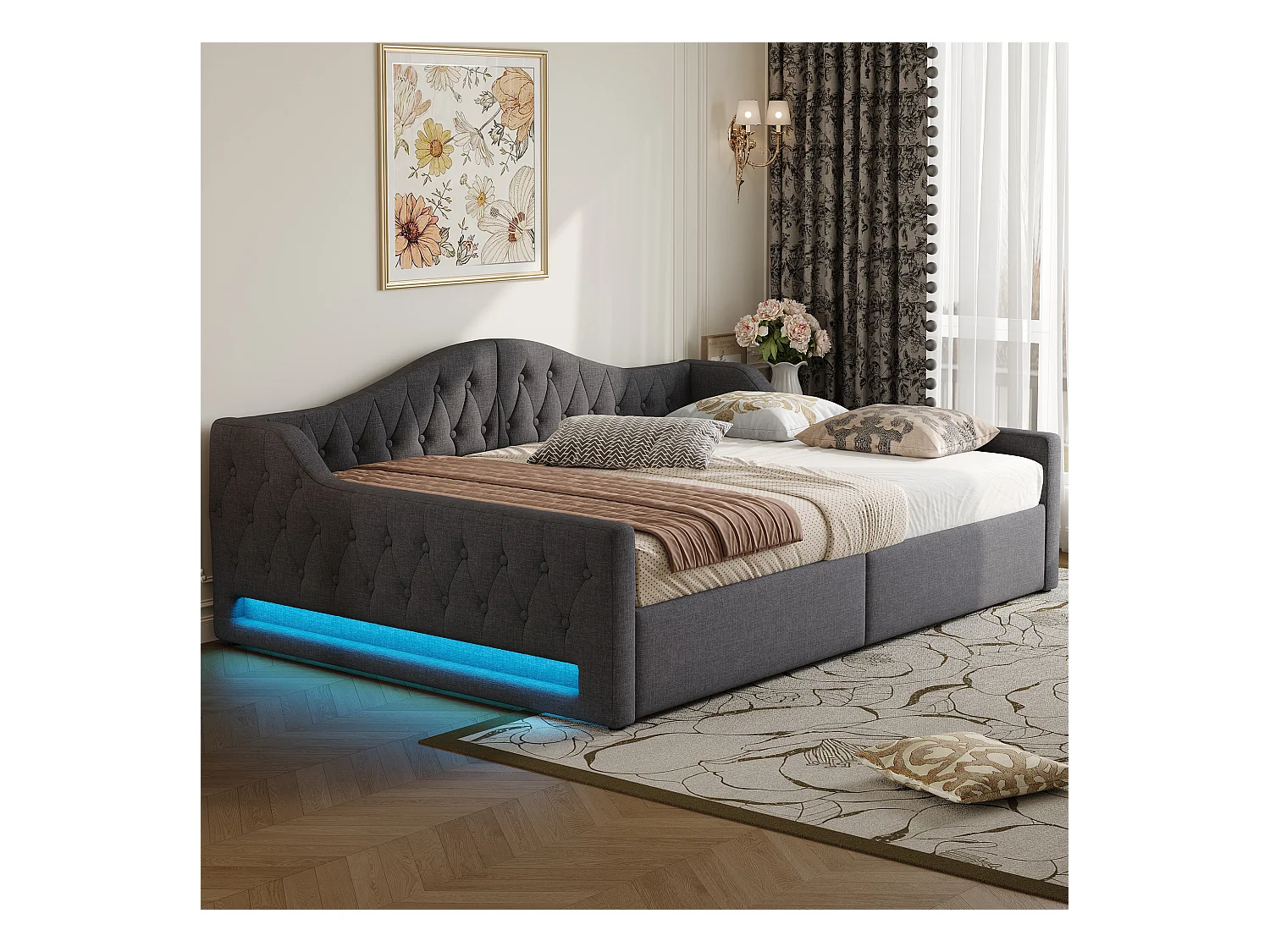 Stauraumbett 140 x 200 cm - Erwachsenenbett mit LED-Beleuchtung und Armlehnen - graues Leinen - ohne Matratze