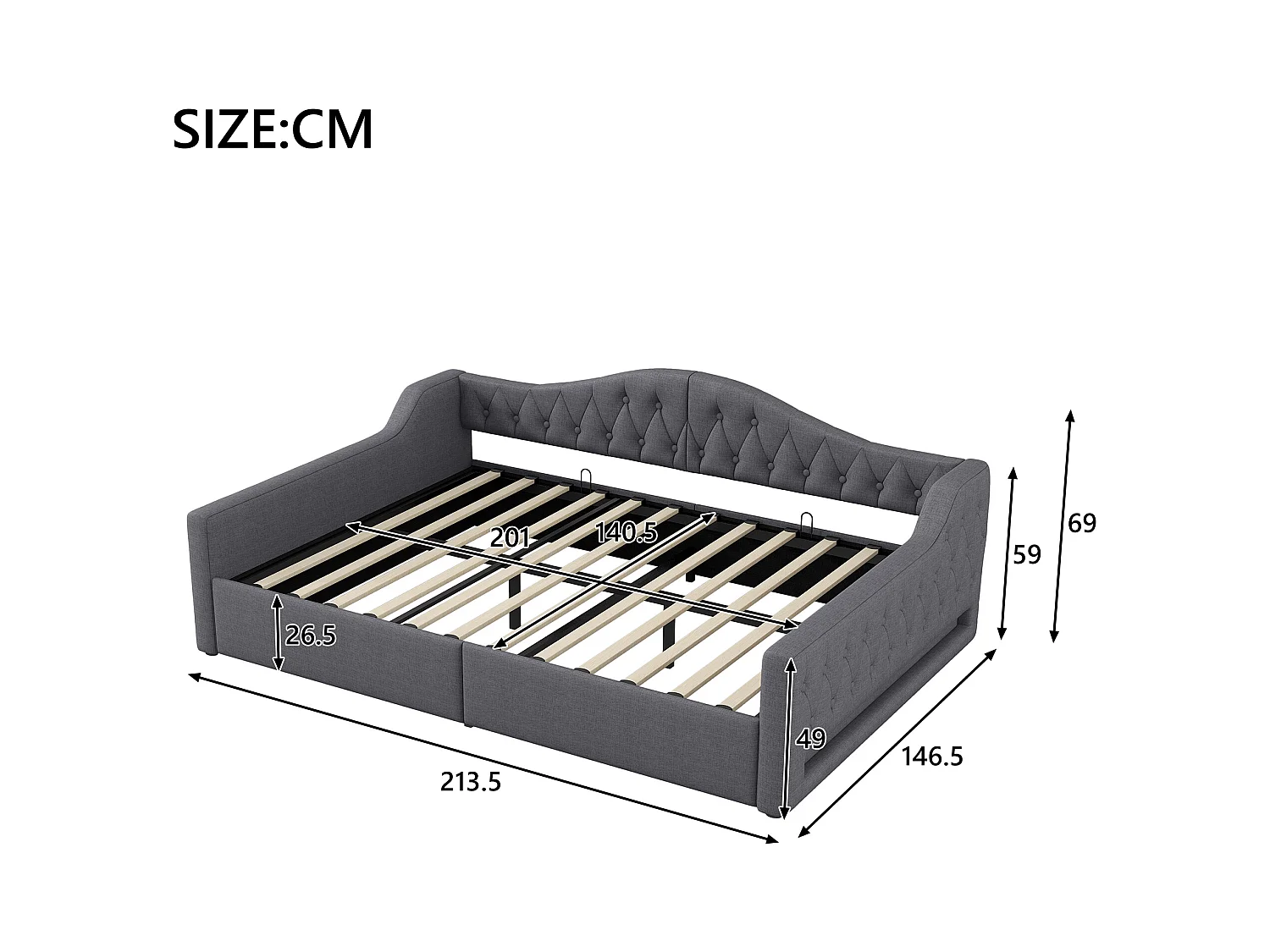 Stauraumbett 140 x 200 cm - Erwachsenenbett mit LED-Beleuchtung und Armlehnen - graues Leinen - ohne Matratze